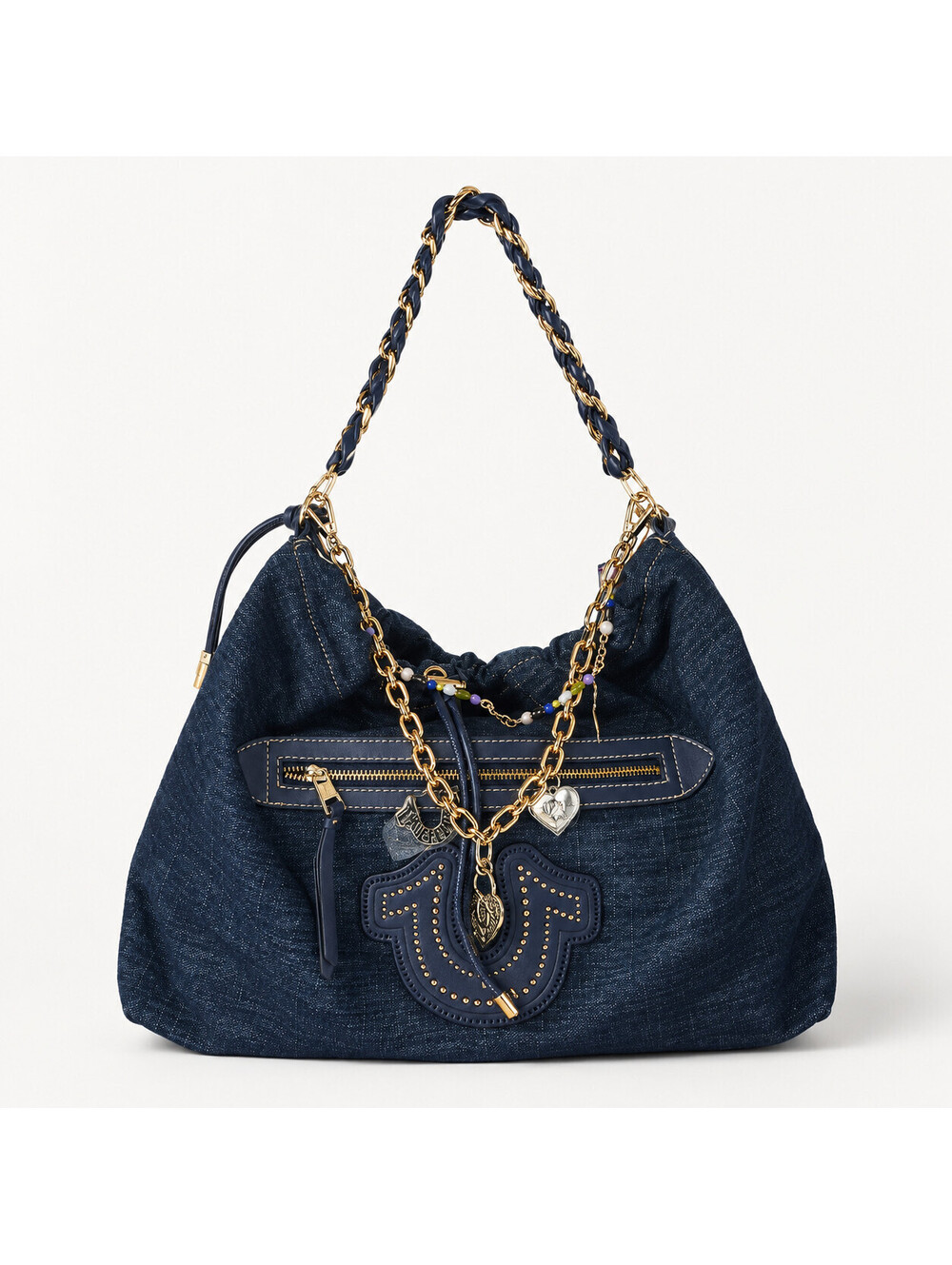True Religion All Denim Large Hobo Bag Multi chain Strap With Charm NWT